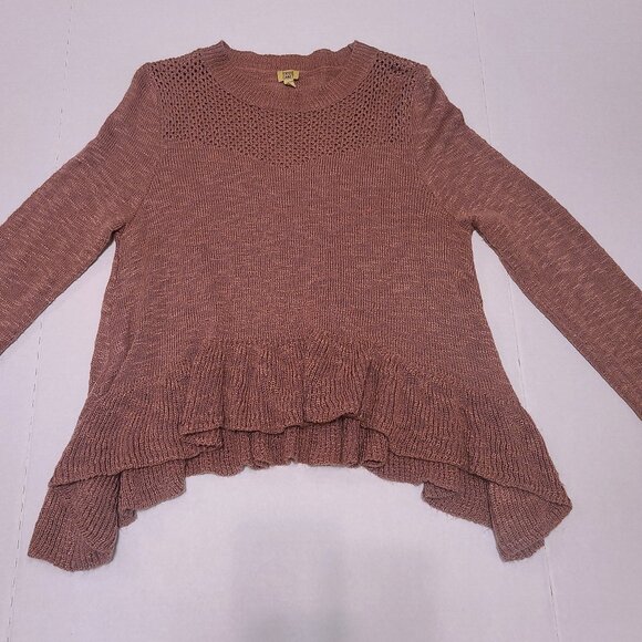 True Craft Dusty Rose Pink Open Knit Sweater – Size Large – Feminine Ruffle Hem - Picture 9 of 12